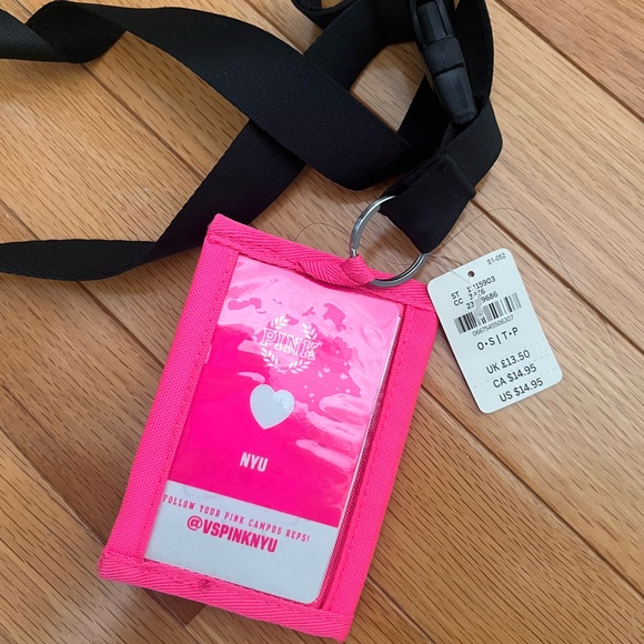 PINK Victoria's Secret Bright Pink ID Holder with Black Lanyard - Picture 2 of 5